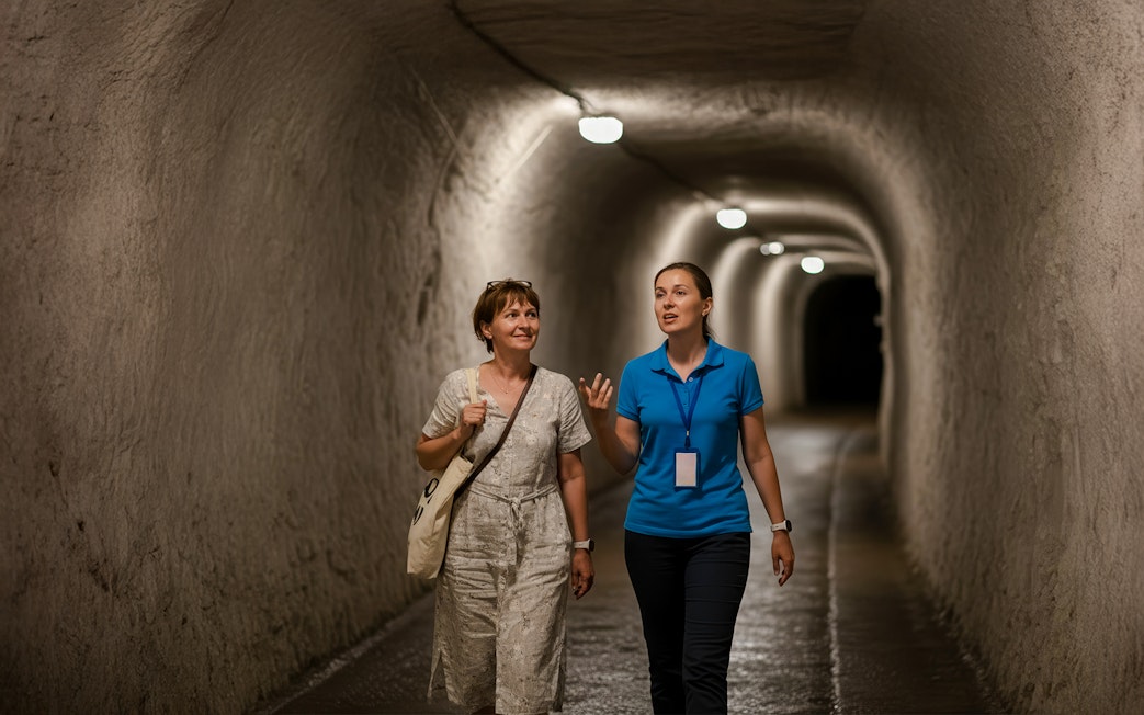 Guided tour in a salt tunnel at Wieliczka salt mine.