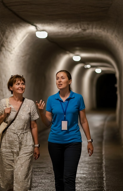 Guided tour in a salt tunnel at Wieliczka salt mine.