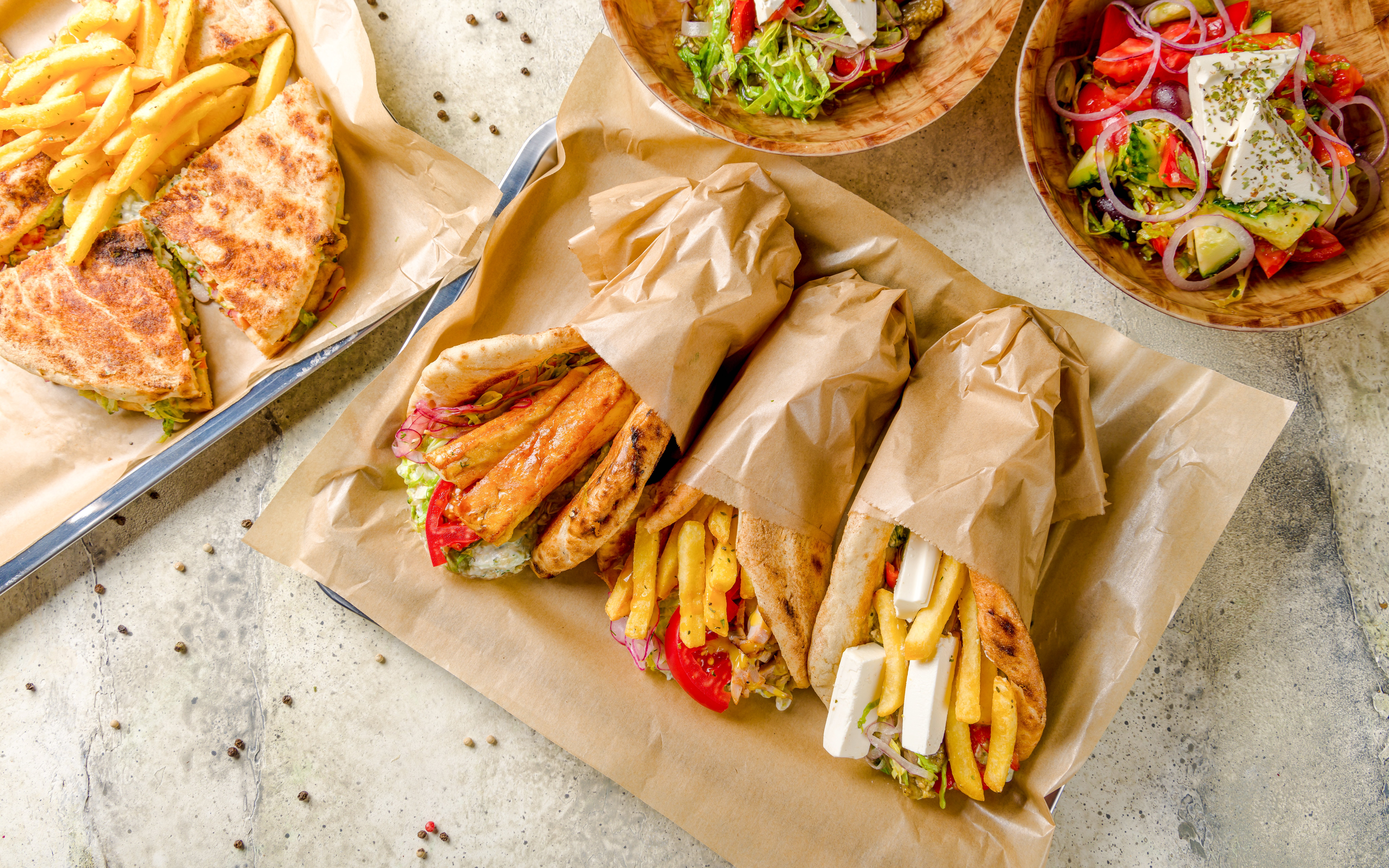 Pork gyros pita with fries and salad at Delphi Restaurant.