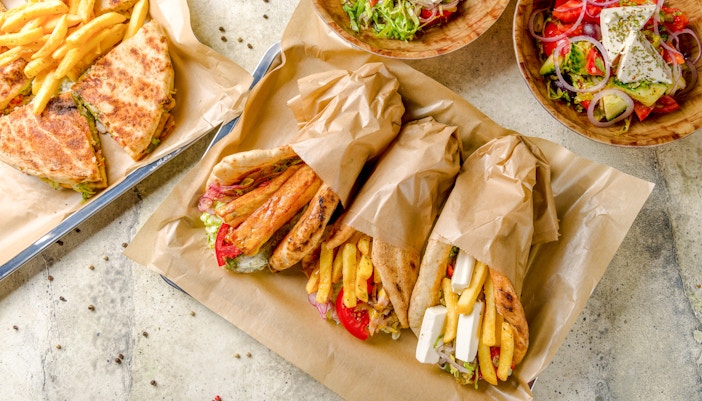 Pork gyros pita with fries and salad at Delphi Restaurant.