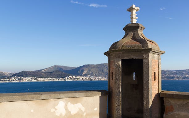 Baiae Castle turret overlooking the sea near Phlegraean Fields Archaeological Museum.