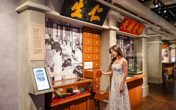 Visitor exploring exhibits at Chinatown Heritage Centre, focusing on Migrants' End and heritage brands.