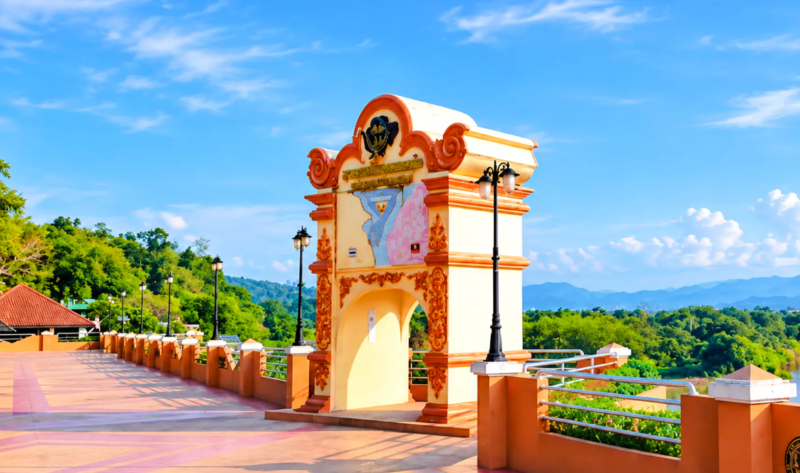 Ornate archway with map detail at scenic viewpoint, Chiang Rai, Thailand.