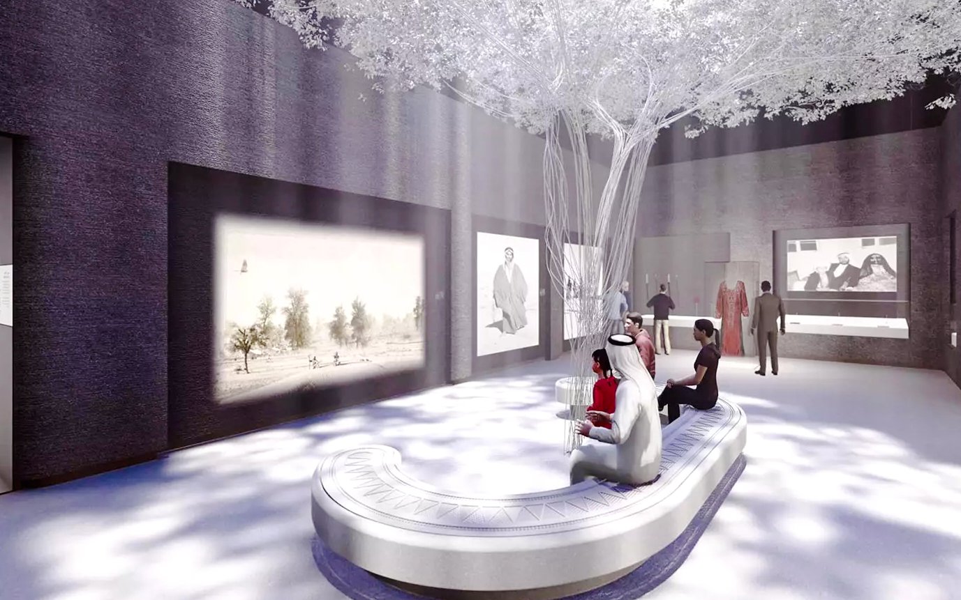 Visitors viewing exhibits at Zayed National Museum, Abu Dhabi.