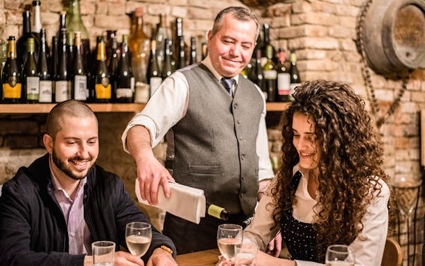 Server pouring wine for guests in a private wine cellar tasting.