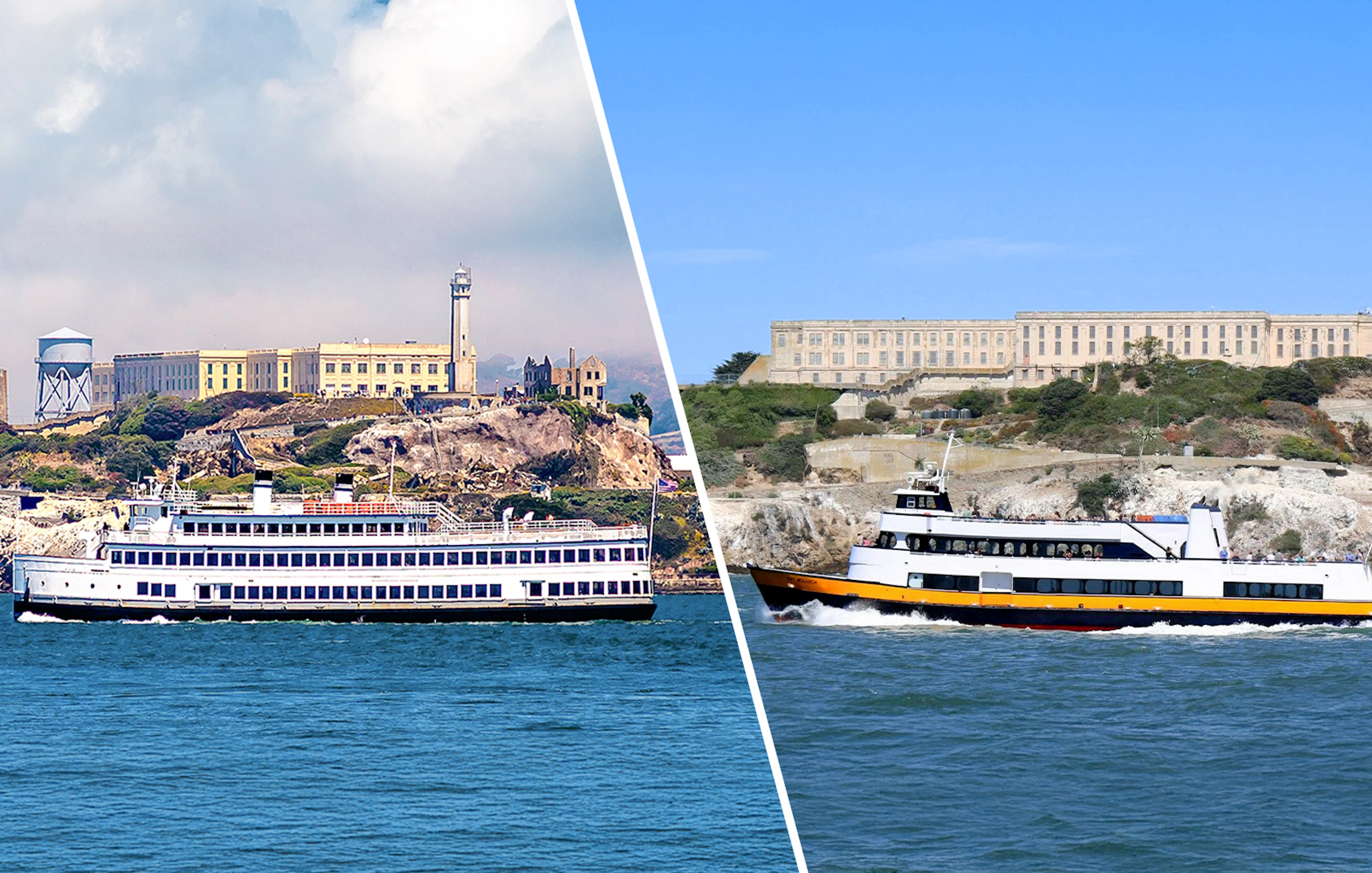 Ferries approaching Alcatraz Island with the historic prison in San Francisco.