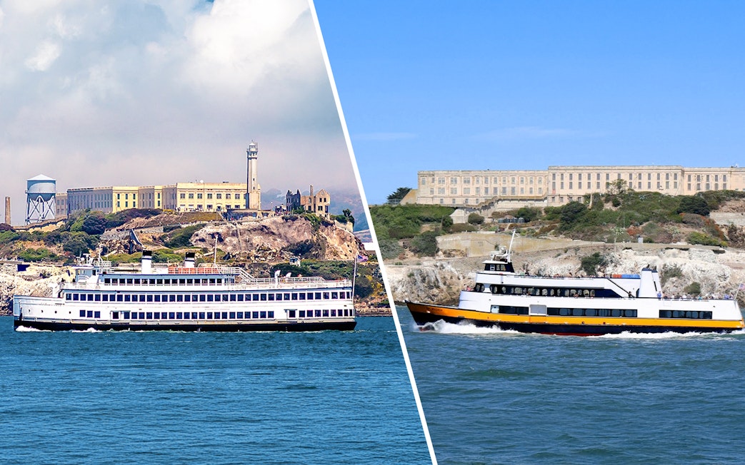 Ferries approaching Alcatraz Island with the historic prison in San Francisco.