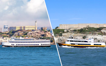 Ferries approaching Alcatraz Island with the historic prison in San Francisco.