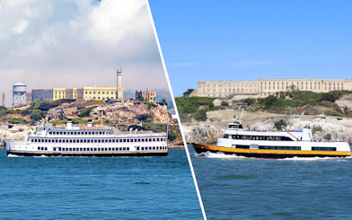 Ferries approaching Alcatraz Island with the historic prison in San Francisco.