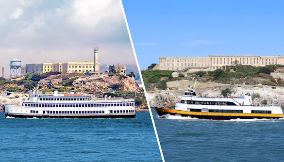 Ferries approaching Alcatraz Island with the historic prison in San Francisco.