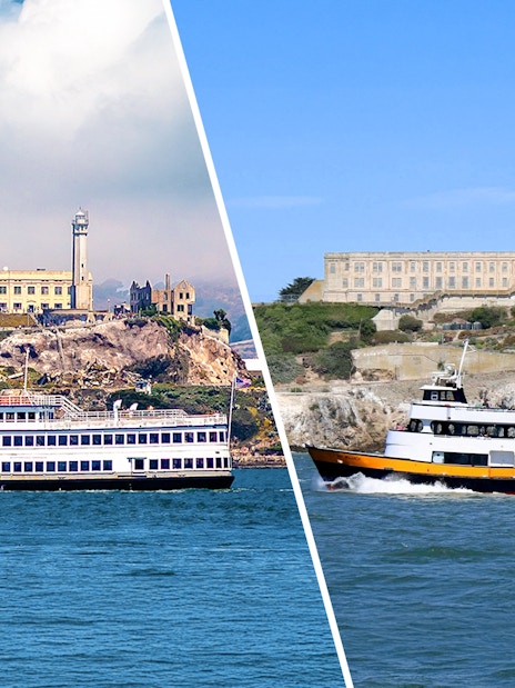 Ferries approaching Alcatraz Island with the historic prison in San Francisco.