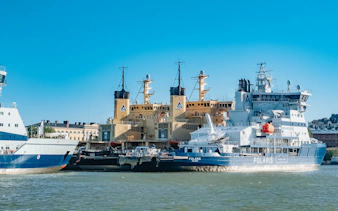 Icebreaker ships docked at Katajanokka peninsula near Market Square, Helsinki, in summer.