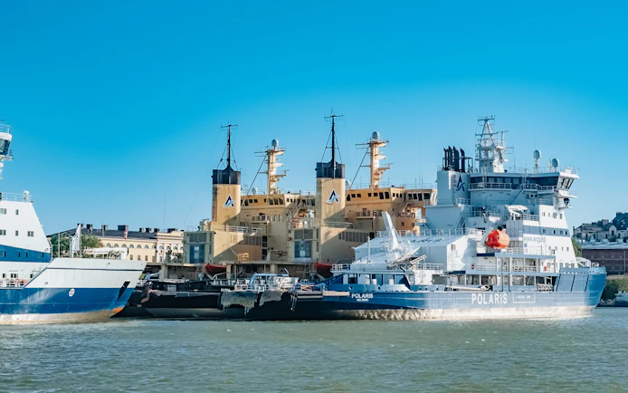 Icebreaker ships docked at Katajanokka peninsula near Market Square, Helsinki, in summer.