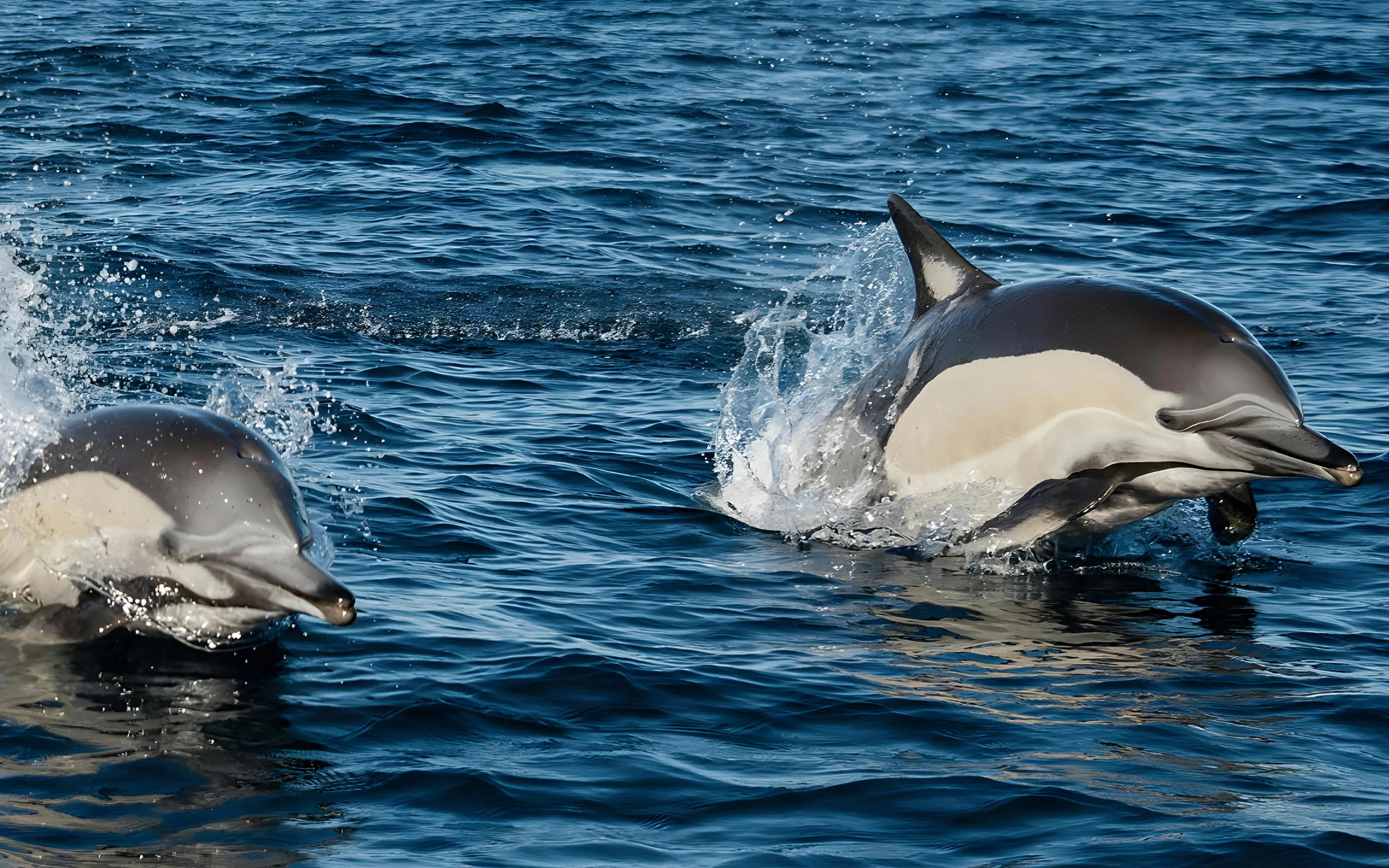 Dolphins swimming in the ocean near Madeira during a speedboat tour.