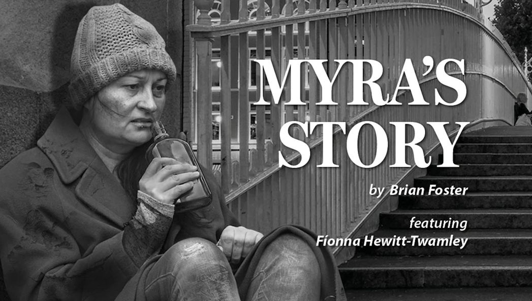 Myra's Story play poster featuring a woman in a knit hat holding a bottle.