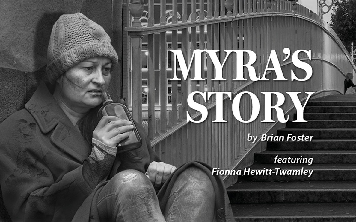 Myra's Story play poster featuring a woman in a knit hat holding a bottle.