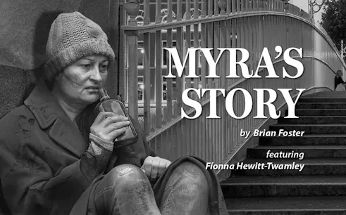 Myra's Story play poster featuring a woman in a knit hat holding a bottle.