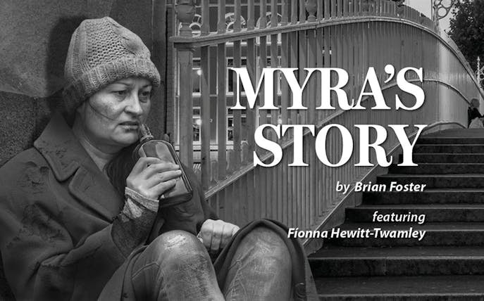 Myra's Story play poster featuring a woman in a knit hat holding a bottle.