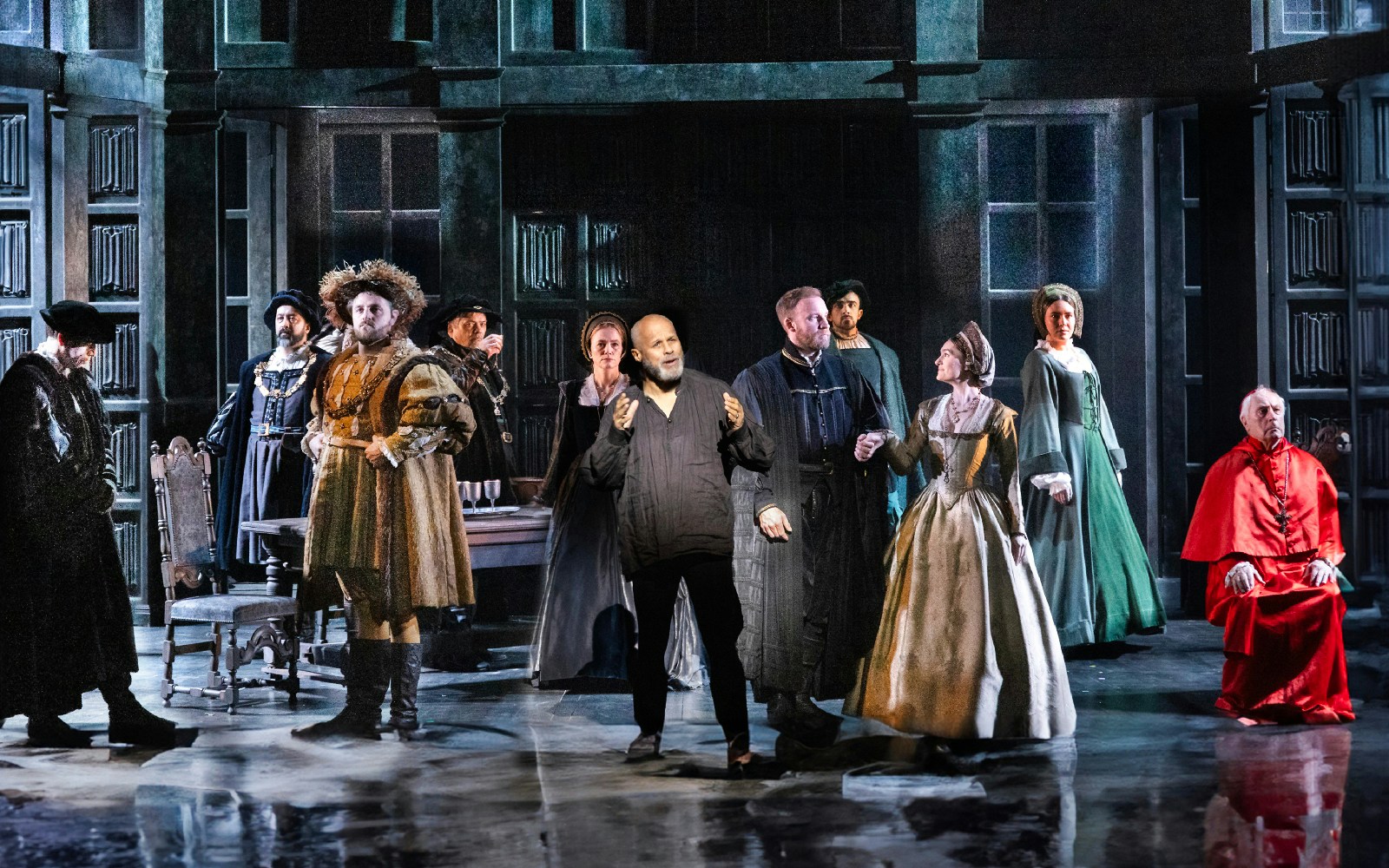 Stage performance of "A Man For All Seasons" with actors in period costumes.