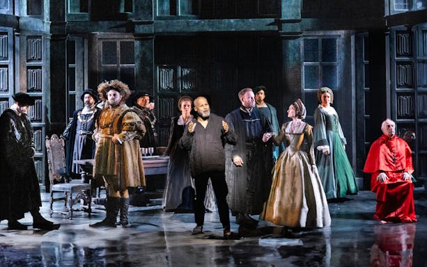 Stage performance of "A Man For All Seasons" with actors in period costumes.