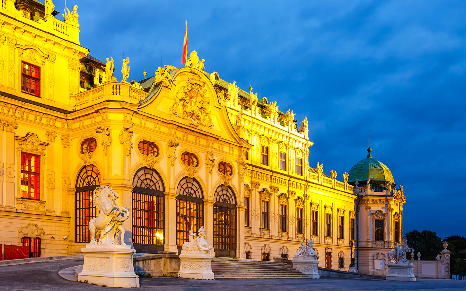 Belvedere Palace illuminated at night in Vienna, Austria.