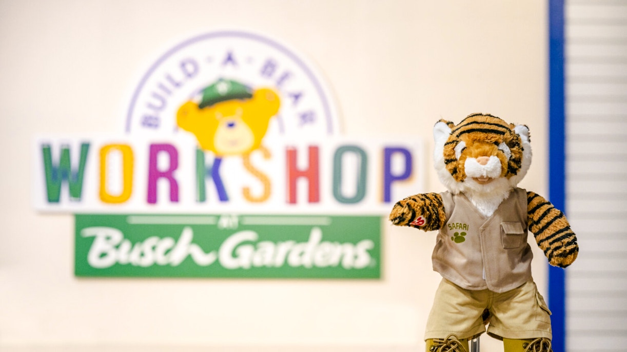 Stuffed tiger toy in safari outfit at Build-A-Bear Workshop, Busch Gardens, Tampa Bay.