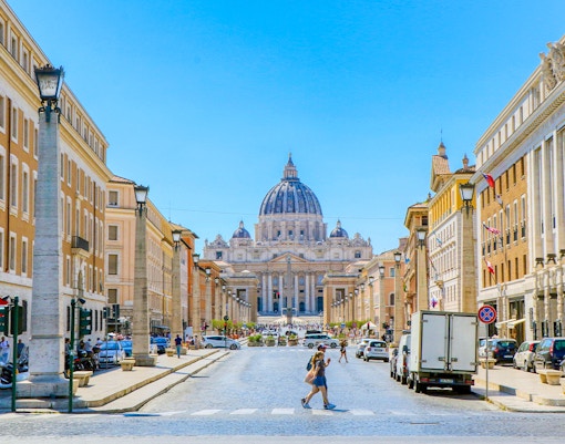 St. Peter's Basilica viewed from Via Della Conciliazione in Vatican City.