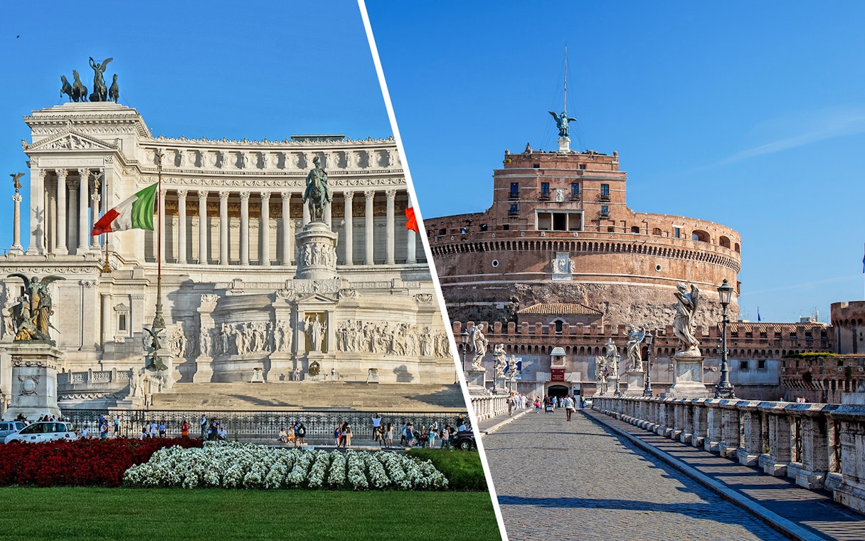 Altare della Patria and Castel Sant'Angelo in Rome, Italy, with tourists exploring the landmarks.