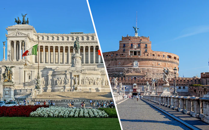 Altare della Patria and Castel Sant'Angelo in Rome, Italy, with tourists exploring the landmarks.