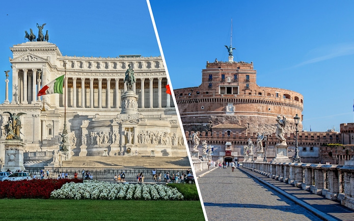 Altare della Patria and Castel Sant'Angelo in Rome, Italy, with tourists exploring the landmarks.