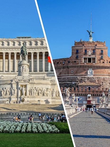 Altare della Patria and Castel Sant'Angelo in Rome, Italy, with tourists exploring the landmarks.