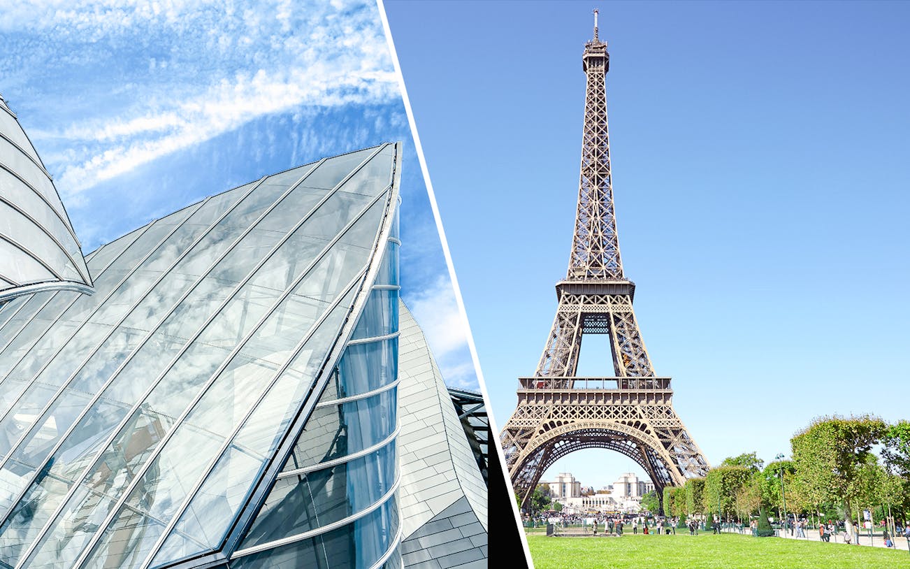 Ellsworth Kelly-inspired architecture and Eiffel Tower in Paris.