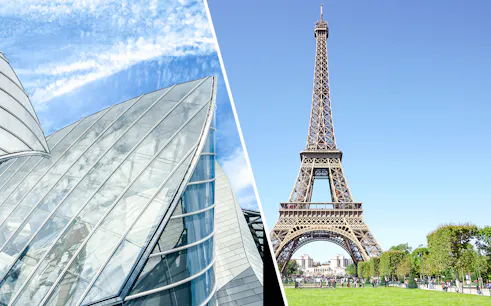 Ellsworth Kelly-inspired architecture and Eiffel Tower in Paris.