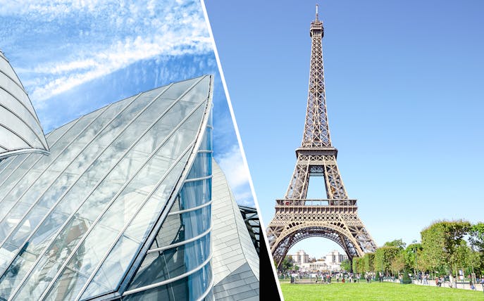 Ellsworth Kelly-inspired architecture and Eiffel Tower in Paris.
