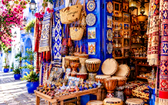 Tangier market stall with traditional crafts, textiles, and pottery in vibrant colors.