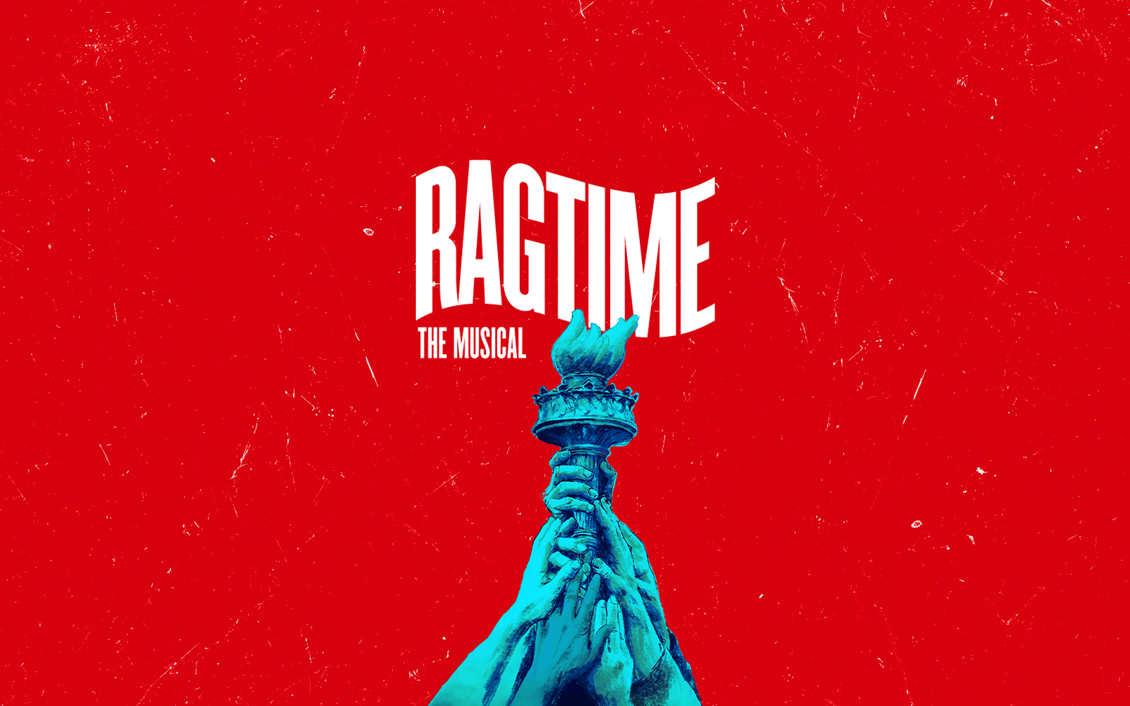 Ragtime musical poster with hands holding torch against red background