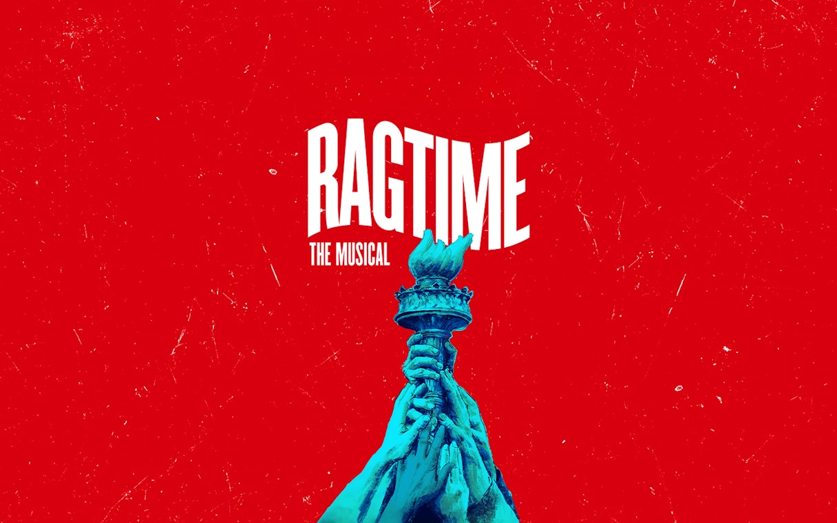 Ragtime musical poster with hands holding torch against red background
