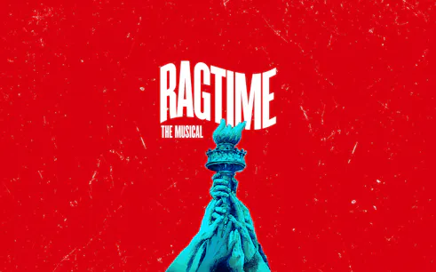 Ragtime musical poster with hands holding torch against red background