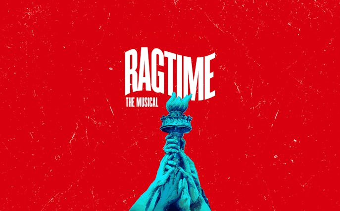 Ragtime musical poster with hands holding torch against red background