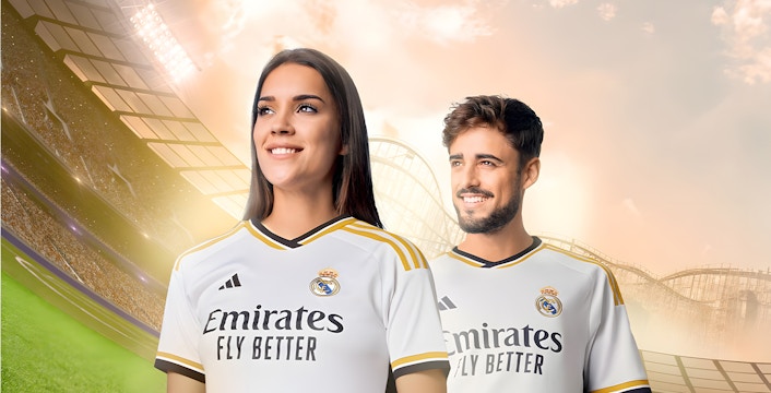 People posing in Real Madrid jersey at Real Madrid World, Dubai