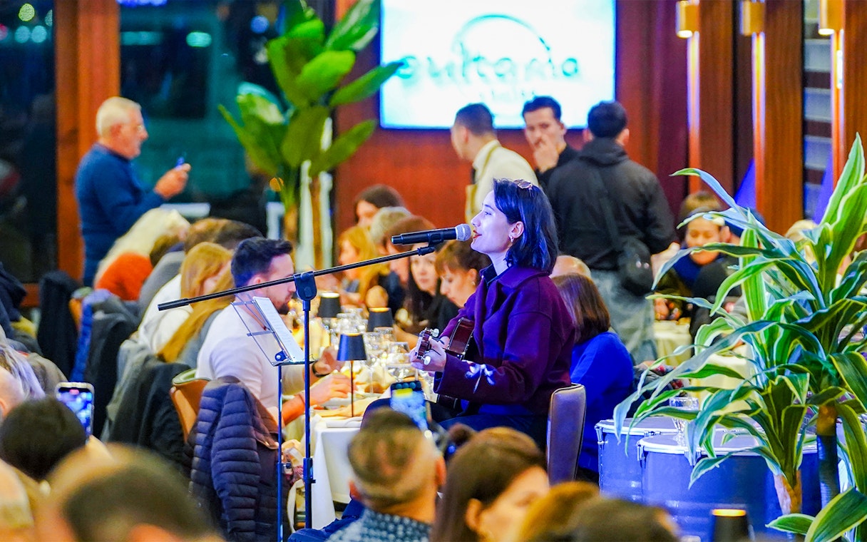 Singer performing during Bosphorus 4-Course Dinner Cruise with live entertainment.