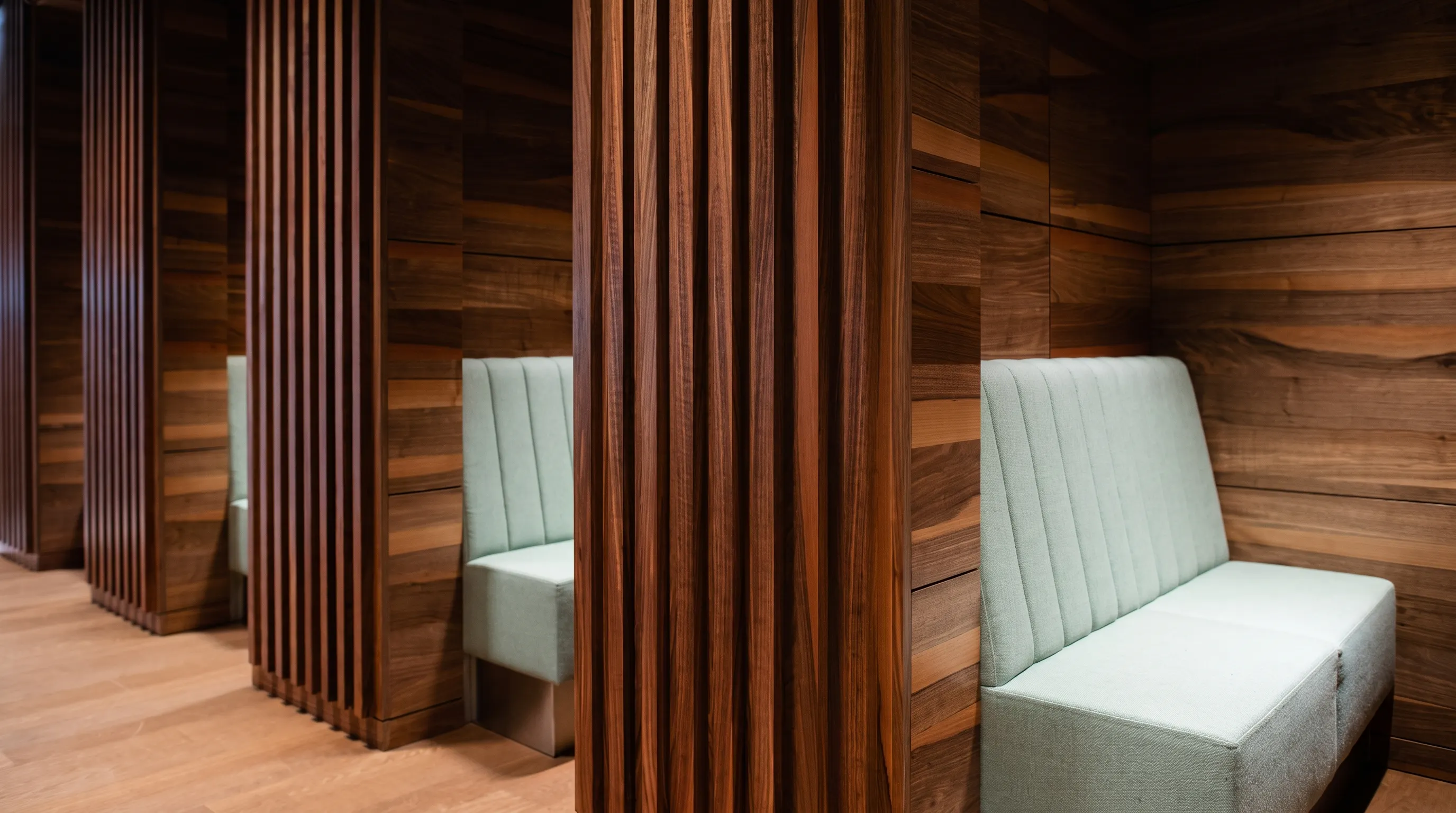 Seating area with wooden panels at BER Lounge Tegel, Berlin Brandenburg Airport Terminal 1.