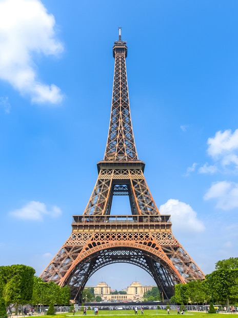 Eiffel Tower with blue sky on a day trip to Paris.