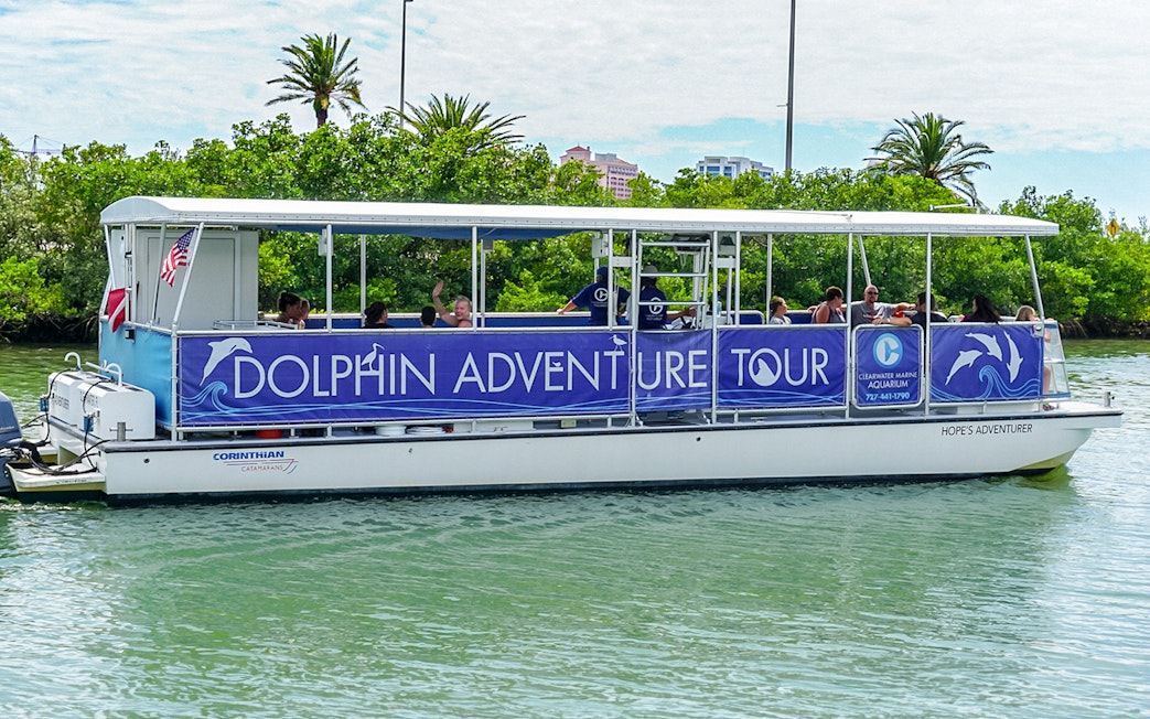 Dolphin tour boat on Clearwater Beach waterway with passengers.