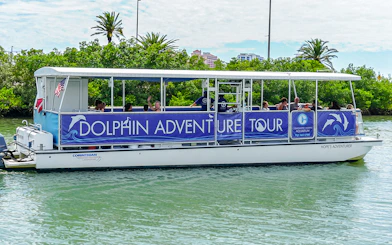 Dolphin tour boat on Clearwater Beach waterway with passengers.