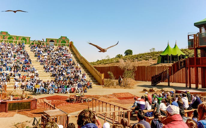 Audience watching a bird show at Puy du Fou España park.