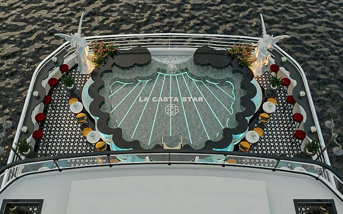 La Casta Star cruise deck with elegant seating and decorative lighting in Lan Ha Bay.