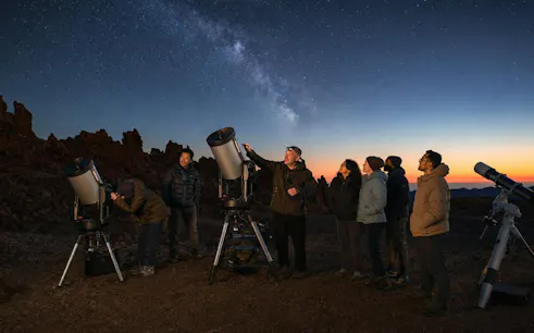 Group stargazing with telescopes at sunset in Teide National Park, Tenerife.
