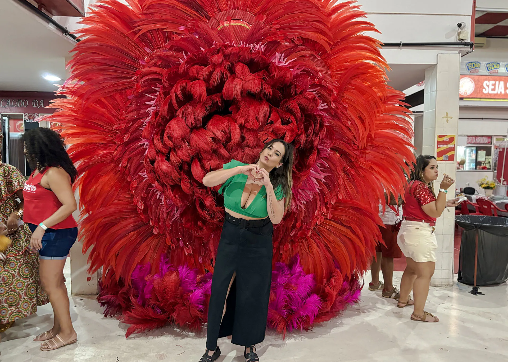 Salgueiro Carnival rehearsal with vibrant red feather costume, Rio de Janeiro.