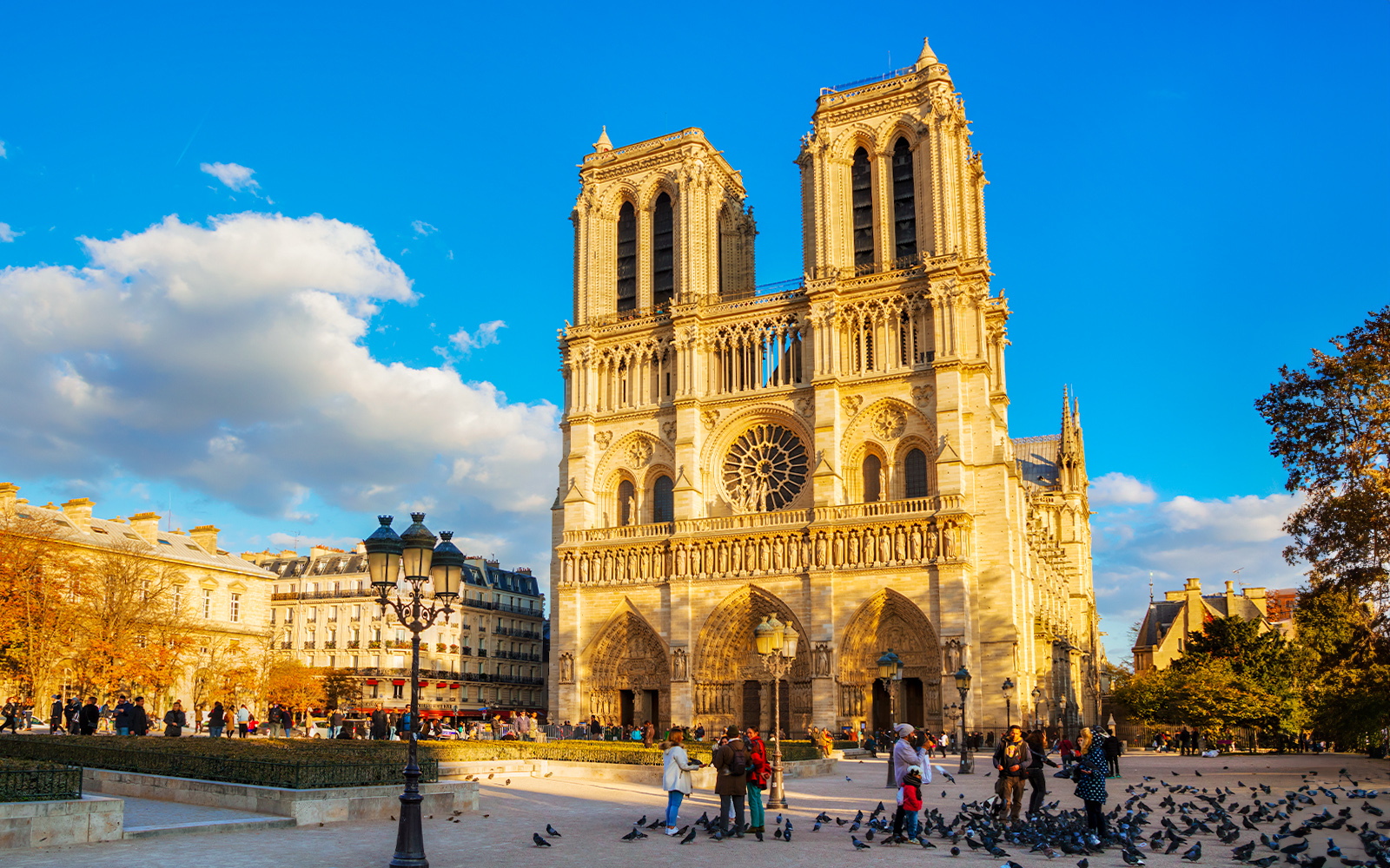 Notre Dame de Paris cathedral at sunset with warm golden hour light.
